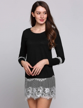 

Black Lace Hem Long Sleeve Crew Collar Loose Patchwork Casual Dress, Multicolor
