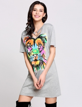 

Short Sleeve V Neck Chocker Animal Print T-Shirt Casual Dress, Multicolor