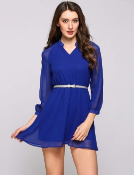 

Blue Puff Sleeve Stand Collar Belted Skater Dress, Multicolor