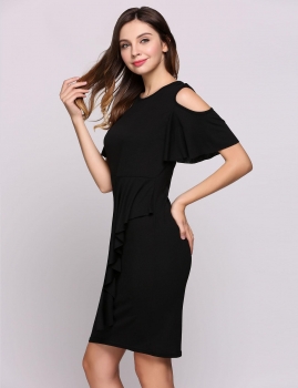 

Short Bell Sleeve Round Collar Cold Shoulder Ruffles Solid Casual Dress, Multicolor