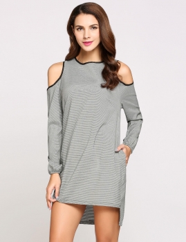 

Long Sleeve Round Collar Cold Shoulder Asymmetrical Hem Casual Dress, Multicolor