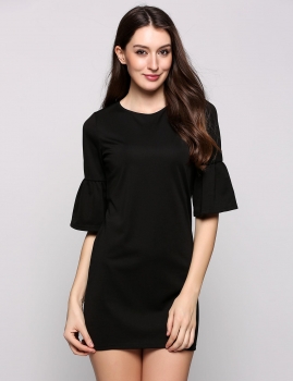 

Black Half Bell Sleeve Round Collar Solid Sheath Going Out Dress, Multicolor