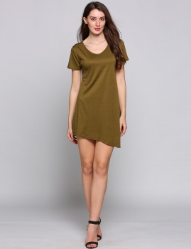 

Army green Short Sleeve O Neck Asymmetrical Hem Solid Shift Casual Dress, Multicolor