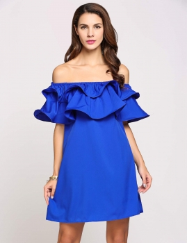 

Blue Off The Shoulder Short Ruffle Sleeve Solid Mini Loose Casual Dress, Multicolor