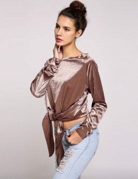 

Dark brown Boat Neck Long Sleeve Bow Tie Belt Solid Satin Tops, Multicolor