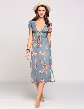 

Flower printing Plunge Collar Cut Out Belted Front Print Lacing Going Out Dress, Multicolor