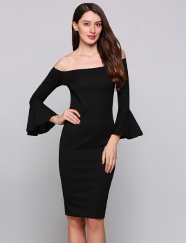 

Black Long Bell Sleeve Off The Shoulder Bodycon Solid Pencil Going Out Dress, Multicolor