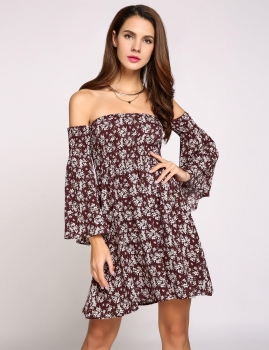 

Dark red Long Bell Sleeve Off The Shoulder Printed Going Out Dress, Multicolor