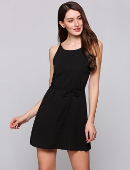 

Black Spaghetti Strap Sleeveless A-Line Belted Short Going Out Dress, Multicolor