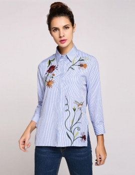 

Floral Embroidery High Low Hem Long Sleeve Button Down Collar Shirt, Multicolor