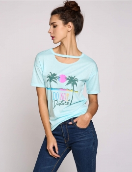 

Print Short Sleeve Hollow Out O-Neck Pullover Beach T-Shirt, Multicolor