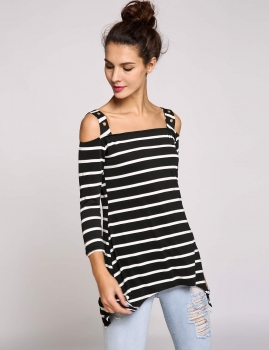 

Black Irregular Hem Striped Cold Shoulder 3"4 Sleeve Slash Neck Pullover Tunic, Multicolor