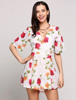 

Deep V-Neck Short Sleeves Printed Floral Loose Rompers, Multicolor