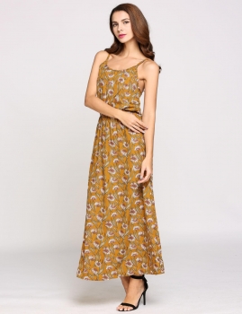 

Yellow Sleeveless Spaghetti Strap Floral Print Maxi Beach Casual Dress, Multicolor