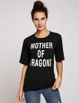 

Black Mother of Dragons Letter Printed Half Sleeve Crew Neck T-Shirt, Multicolor