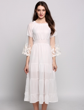 

White Raglan Sleeve Lace Patchwork Maxi Beach Casual Dress, Multicolor