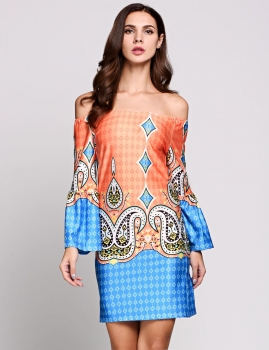 

Pattern Bell Sleeve Off The Shoulder Ethnic Styles Paisley Going Out Dress, Multicolor