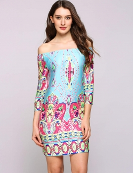 

Off The Shoulder Ethnic Style Print Pencil Dress, Multicolor