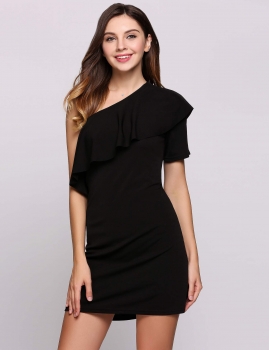 

Short Sleeve One Shoulder Solid Ruffles Pencil Going Out Dress, Multicolor