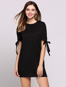 

Short Sleeve Round Collar Bow Solid T-Shirt Casual Dress, Multicolor
