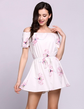 

White Off the Shoulder Short Sleeves Floral Casual Rompers, Multicolor