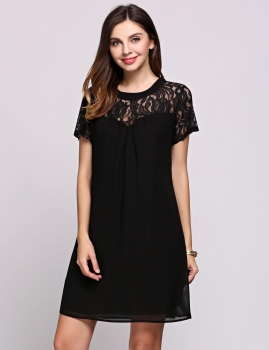 

Black Short Illusion Sleeve Round Collar Lace Patchwork Shift Going Out Dress, Multicolor