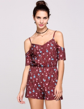 

Cold Shoulder Short Sleeves Spaghetti Strap Floral Rompers, Multicolor