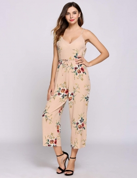 

Apricot Wide Leg Floral Pants Spaghetti Strap Jumpsuit With Belt, Multicolor
