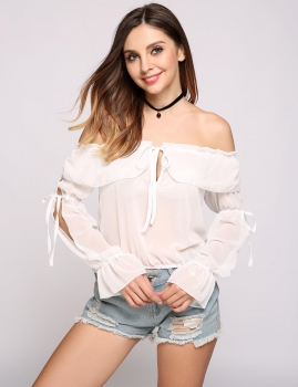 

Solid Cut Out Long Sleeve Off the Shoulder Slash Neck Top, Multicolor