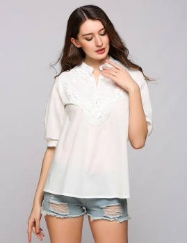 

Lace Patchwork Stand Collar Half Sleeve Pullover Top, Multicolor