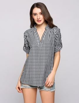 

Plaid Oversize Stand Collar Half Sleeve Loose Shirt, Multicolor