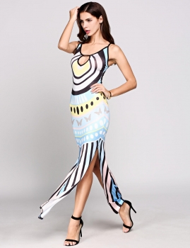 

Blue Printed Sleeveless Hollow Out Split Hem Bodycon Casual Dress, Multicolor