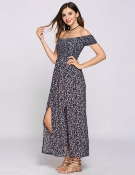 

Navy blue Off The Shoulder Floral Split Hem Dress, Multicolor