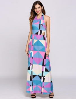 

Pattern Sleeveless Halter Collar Geometric Patchwork Cut Out Backless Casual Dress, Multicolor