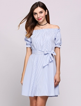 

Short puff Sleeve Off The Shoulder Elastic Stripes Belted Going Out Dress, Multicolor