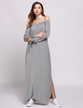 

Long Lacing Sleeve Off The Shoulder Split Hem Maxi Solid Casual Dress, Multicolor