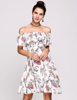 

Sleeveless Off The Shoulder Collar Print Ruffles A-Line Going Out Dress, Multicolor