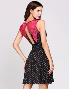 

Sleeveless Plunge Collar Lace Patchwork Elastic Backless Skater Going Out Dress, Multicolor