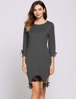 

Grey 3"4 Sleeve Round Collar Asymmetrical Hem Lace Patchwork Bow Casual Dress, Multicolor