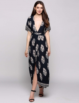 

Black Short Sleeve Plunge Collar Boho Style Print Backless Belted Kimono Dress, Multicolor