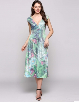 

Green Deep V Neck Sleeveless Printed Back V Dress, Multicolor