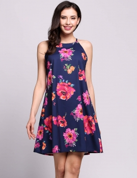 

Halter Sleeveless Floral Print Back Button Going Out Tunic Dress, Multicolor