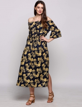 

3"4 Bell Sleeve Off The Shoulder Elastic Collar Boho Style Floral Print Casual Dress, Multicolor