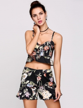 

Floral Printed Spaghetti Strap Ruffle Crop Top and Shorts Set, Multicolor
