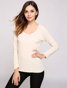 

Beige Hollow Back Solid Long Sleeve Crew Neck Pullover T-Shirt, Multicolor