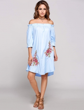 

Off The Shoulder Puff Sleeve Embroidery Shift Dress, Multicolor