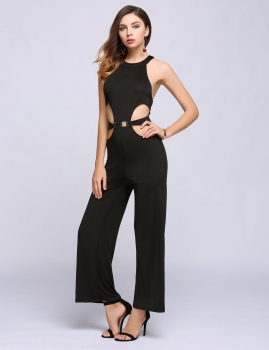 

O-Neck Empire Solid Fitness Cut-out Wide Leg Pants Jumpsuits, Multicolor