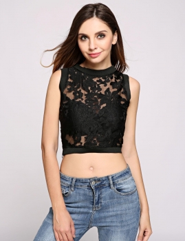 

Black Floral See Through Round Neck Sleeveless Crop Top, Multicolor