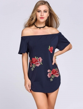 

Blue Off The Shoulder Embroidery Arc-Shaped Hem Dress, Multicolor