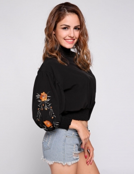 

Black Floral Embroidery Bud Collar Puff Sleeve Pullover Top, Multicolor